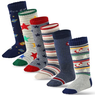 6 Pairs Toddler Boy Non Slip Grip Socks Knee High Socks Cotton, Baby Boys Anti Skid Long Socks for Kids boy (6 Pairs B, 0-12 Months)