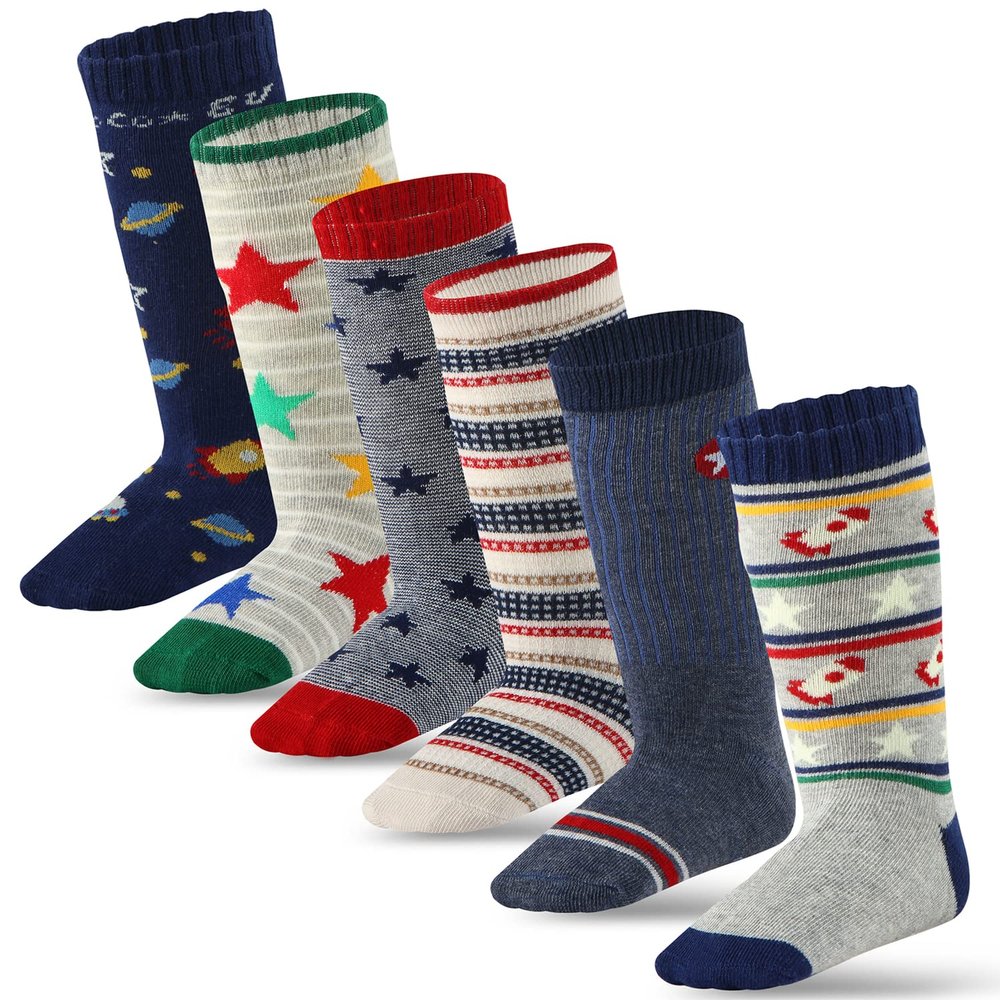 6 Pairs Toddler Boy Non Slip Grip Socks Knee High Socks Cotton, Baby Boys Anti Skid Long Socks for Kids boy (6 Pairs B, 0-12 Months)