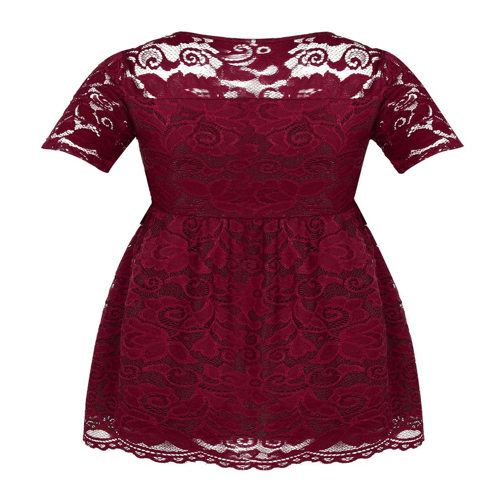 JEATHA Women's Maternity Clothes Floral Lace Summer Tops Short Sleeve Blouses Side Zipper Tunic Shirts Burgundy M