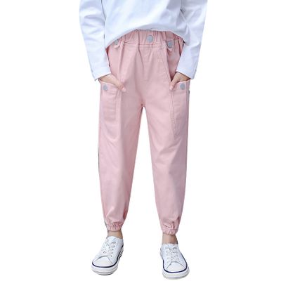 FEESHOW Kids Girls Cargo Jogger Pants High Waisted Pockets Casual Loose Combat Trousers for Spring Summer Fall Sports Pink 5-6 Years