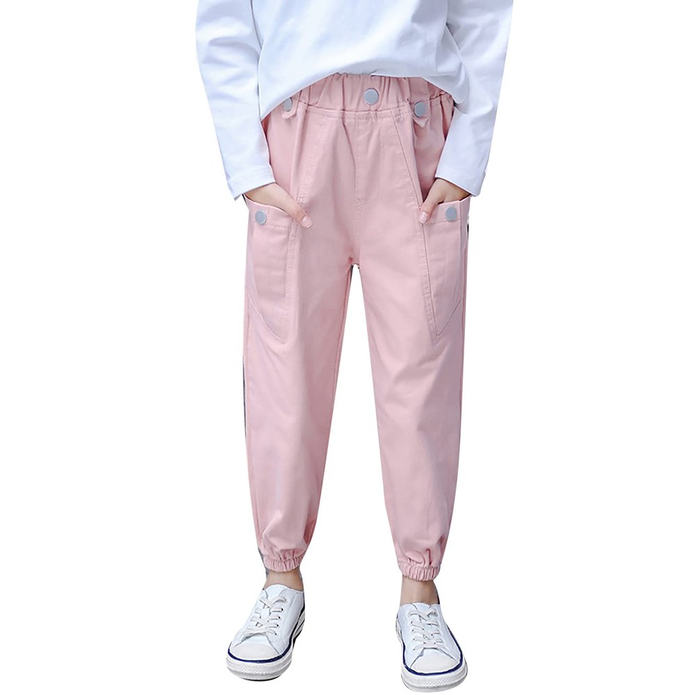 FEESHOW Kids Girls Cargo Jogger Pants High Waisted Pockets Casual Loose Combat Trousers for Spring Summer Fall Sports Pink 5-6 Years