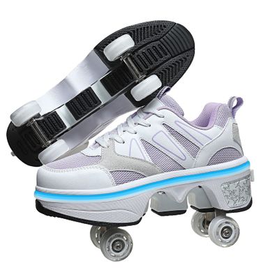 2-in-1 Roller Skates & Sneakers Unisex Retractable Wheels Outdoor Fun & Fitness Kick Roller Shoes Purple