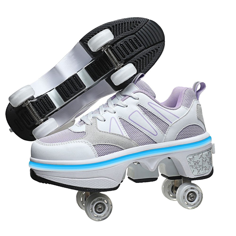 2-in-1 Roller Skates & Sneakers Unisex Retractable Wheels Outdoor Fun & Fitness Kick Roller Shoes Purple
