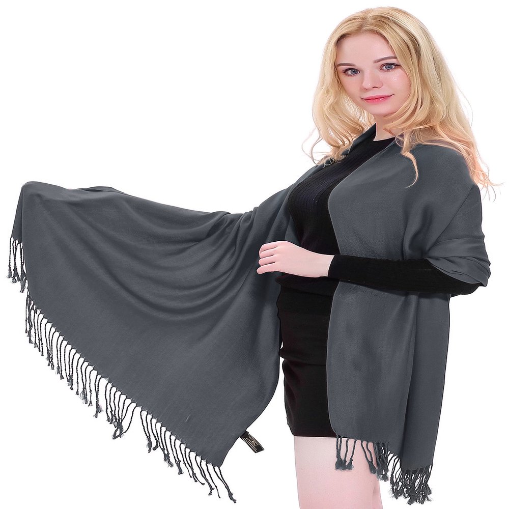 CJ Apparel Dark Grey Smokey Grey Solid Color Tassels Design Nepalese Shawl Scarf Wrap Stole Throw Head Wrap Pashmina Gift Hand Made in Nepal New