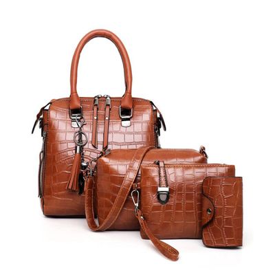 YAQUNICER Women Soft Synthetic PU Leather 4pcs Satchel Crossbody Handbags Shoulder Clutches Purse Tassels Fox Ornaments-Brown