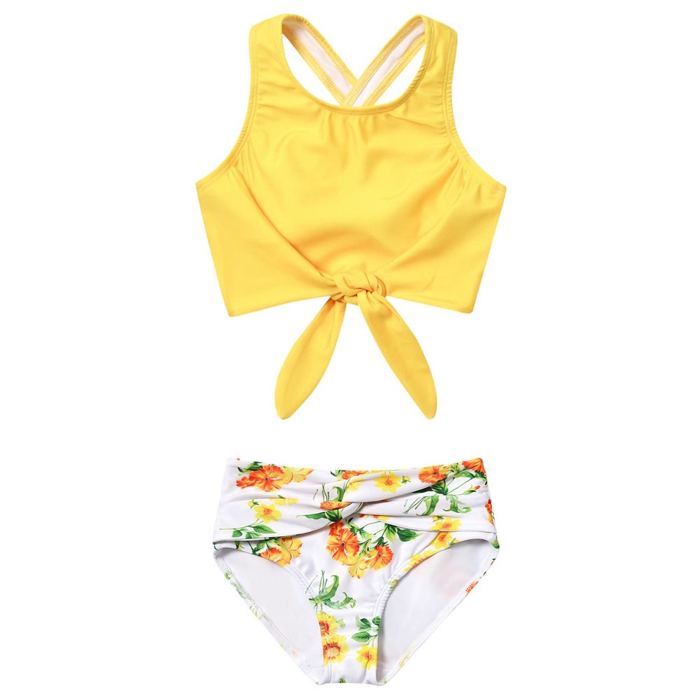 Mirawise 2 Piece Girls Swimsuits Kids Tankini Yellow Floral Swimsuit 10-12 10 9 11 Bikini