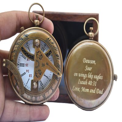 Engraved Sundial Compass with Leather case - Traveler Gift - Inspirational Gift - Adventurer Gift - Wedding Gift - Baptism Gift - (Sundial Watch Personalized)