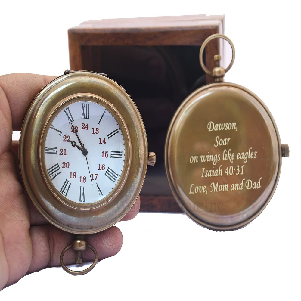 Engraved Brass Compass- Personalized Sundial Compass, Viking Compass Unique Gift with Leather Case, Adventurer Gift - Wedding Gift - Baptism Gift (Mom & Dad)