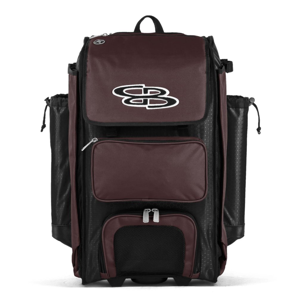 Boombah Catchers Superpack Hybrid Rolling Bat Bag - Black/Maroon - Wheeled & Backpack Version