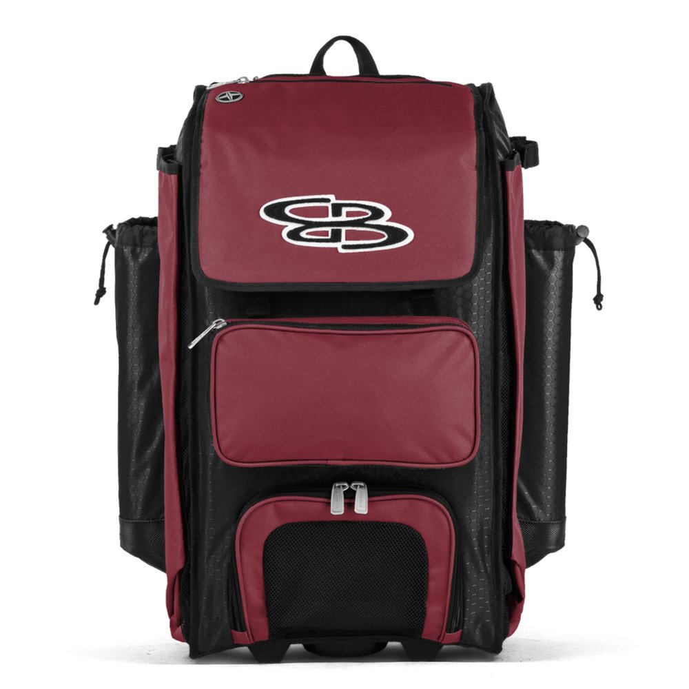 Boombah Catchers Superpack Hybrid Rolling Bat Bag - Black/Cardinal - Wheeled & Backpack Version