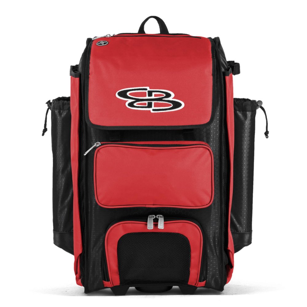 Boombah Catchers Superpack Hybrid Rolling Bat Bag - Black/Red - Wheeled & Backpack Version