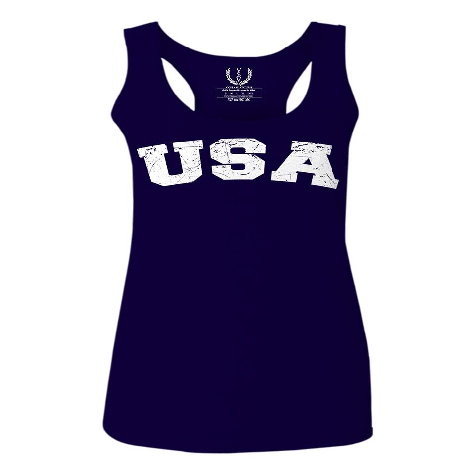 0089. Vintage Graphic USA Fonts American United States of America Military Patriotic Style Women's Tank Top Racerback (Navy Blue, X Small)