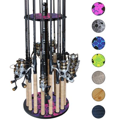 Rush Creek Creations | Round Spinning Fishing Rod Holder for 16 Freshwater Fishing Poles, Fishing Gear, and Fishing Accessories | Fishing Rod Rack with 16 Fishing Rod Clips for Garage Organization