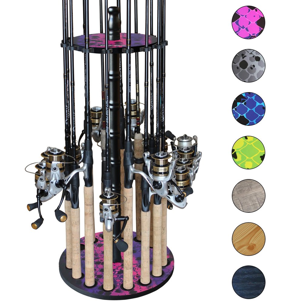 Rush Creek Creations | Round Spinning Fishing Rod Holder for 16 Freshwater Fishing Poles, Fishing Gear, and Fishing Accessories | Fishing Rod Rack with 16 Fishing Rod Clips for Garage Organization