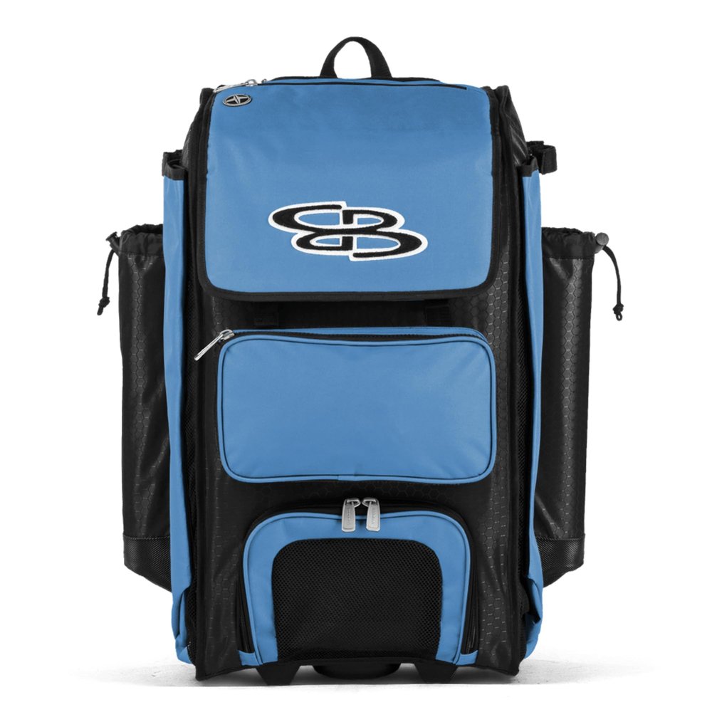 Boombah Catchers Superpack Hybrid Rolling Bat Bag - Black/Columbia Blue - Wheeled & Backpack Version