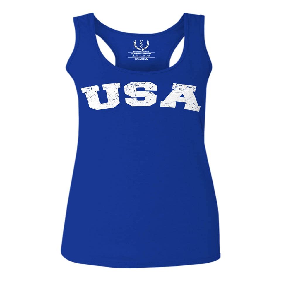 0089. Vintage Graphic USA Fonts American United States of America Military Patriotic Style Women's Tank Top Racerback (Royal X Small)