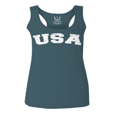 0089. Vintage Graphic USA Fonts American United States of America Military Patriotic Style Women's Tank Top Racerback (Indigo Blue Small)