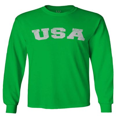 0089. Vintage Graphic USA Fonts American United States of America Military Patriotic Style Men's Long Sleeve t Shirt (Irish Green X-Large)