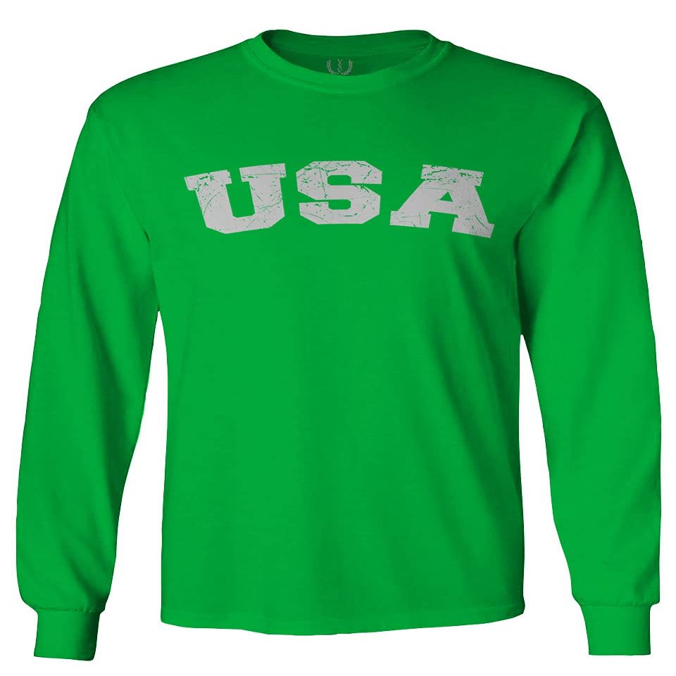 0089. Vintage Graphic USA Fonts American United States of America Military Patriotic Style Men's Long Sleeve t Shirt (Irish Green X-Large)