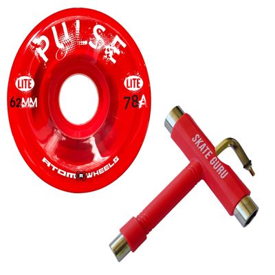 SKATE GURU Outdoor Quad Roller Wheels / 2 Packs - 8 Wheels Atom Pulse Lite 62x33 Red Bundle with Tool