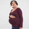 Motherhood Maternity Women's Long Sleeve Side Ruched V-Neck Pregnancy Tee Shirt, Burgundy, Medium view 3