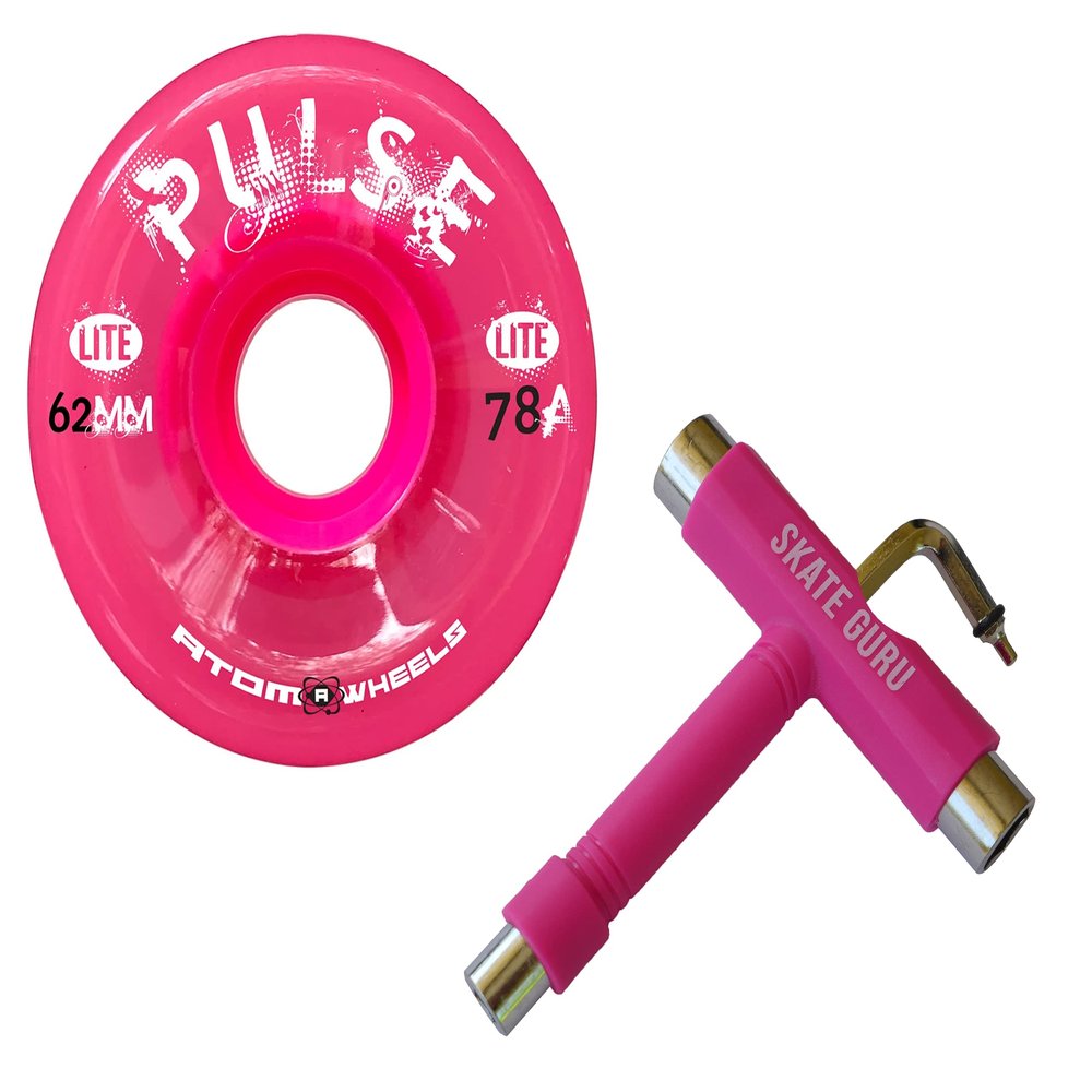 SKATE GURU Outdoor Quad Roller Wheels / 2 Packs - 8 Wheels Atom Pulse Lite 62x33 Pink Bundle with Tool
