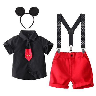 IDOPIP Gentleman Birthday Cake Smash Outfits for Kids Baby Boys Button-down Necktie Shirt + Suspenders Shorts + Mouse Ears Headband Christmas dress Photo Prop Black 4PCS 6-7 Years