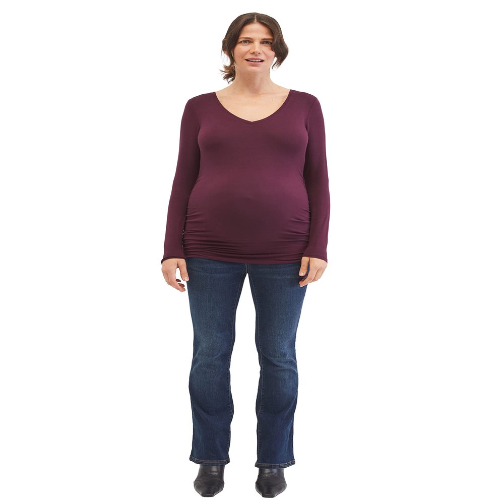 Motherhood Maternity Women's Long Sleeve Side Ruched V-Neck Pregnancy Tee Shirt, Burgundy, X-Large