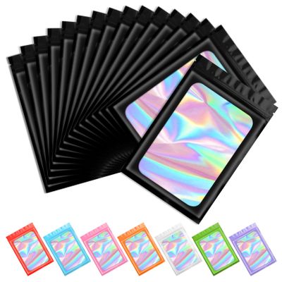 Funfery 100 pcs Black Mylar Holographic Bags Packaging Bags,Clear Resealable Bag Foil Pouch Bag for Food Storage and Lipgloss,Jewelry,Eyelash Packaging for Small Business(2.4x3.9Inch)