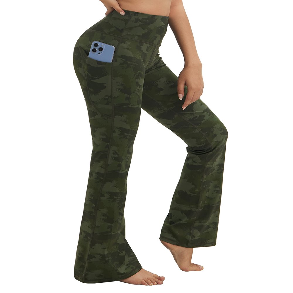 BUBBLELIME 29"/31"/33"/35" 4 Styles Women's Tummy Control Bootcut Yoga Pants - Side Pockets_Green BRUSHCAMO XL-29 Inseam