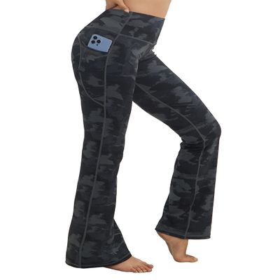 BUBBLELIME 29"/31"/33"/35"/37" Women High Waist Bootlegs Yoga Pants Tummy Control Bootcut Workout Flared Out Pockets - Compression Feel Side Pockets_DIMGRAY BRUSHCAMO Large 35" Inseam