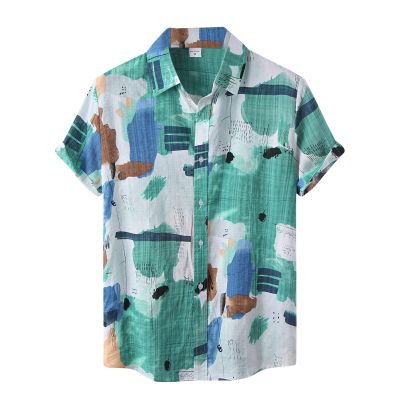 Vintage Shirts for Men Striped Short Sleeve Hawaiian Shirt Summer Button Down T Shirt Relaxed-Fit Casual Beach Tops J Green