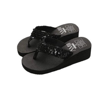 Saohuo Summer Women's Sequins Anti-Slip Flip flops Wedges Platform Sandals Indoor Outdoor Heighten Slipper, Black, 7.5