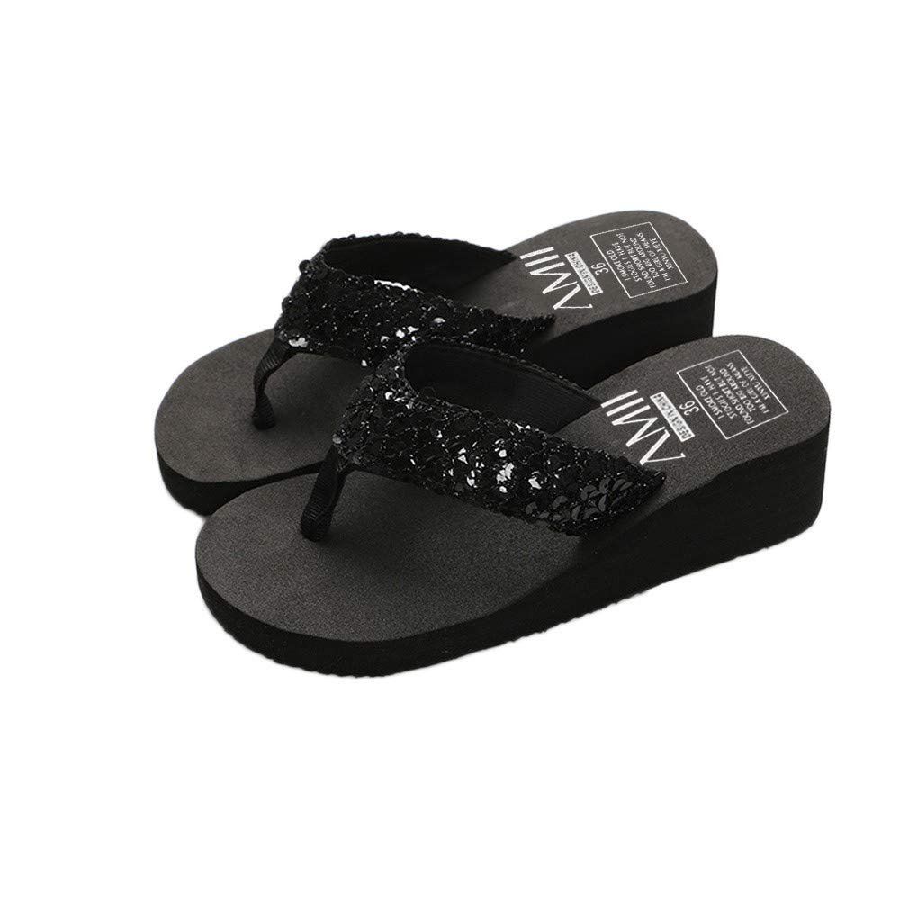 Saohuo Summer Women's Sequins Anti-Slip Flip flops Wedges Platform Sandals Indoor Outdoor Heighten Slipper, Black, 7.5