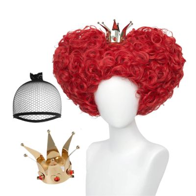 LABEAUT Red Heart of Queen Cosplay Wig with Crown Women Girls Short Curly Wig Heat Resistant Synthetic Hair for Halloween Christmas Party with Cap