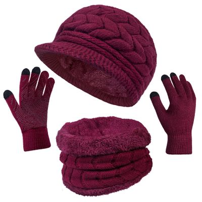 3-Pieces Winter Hat Gloves Scarf Set, Knit Warm Beanie Hat Neck Warmer Touch Screen Mittens for Women, Wine red