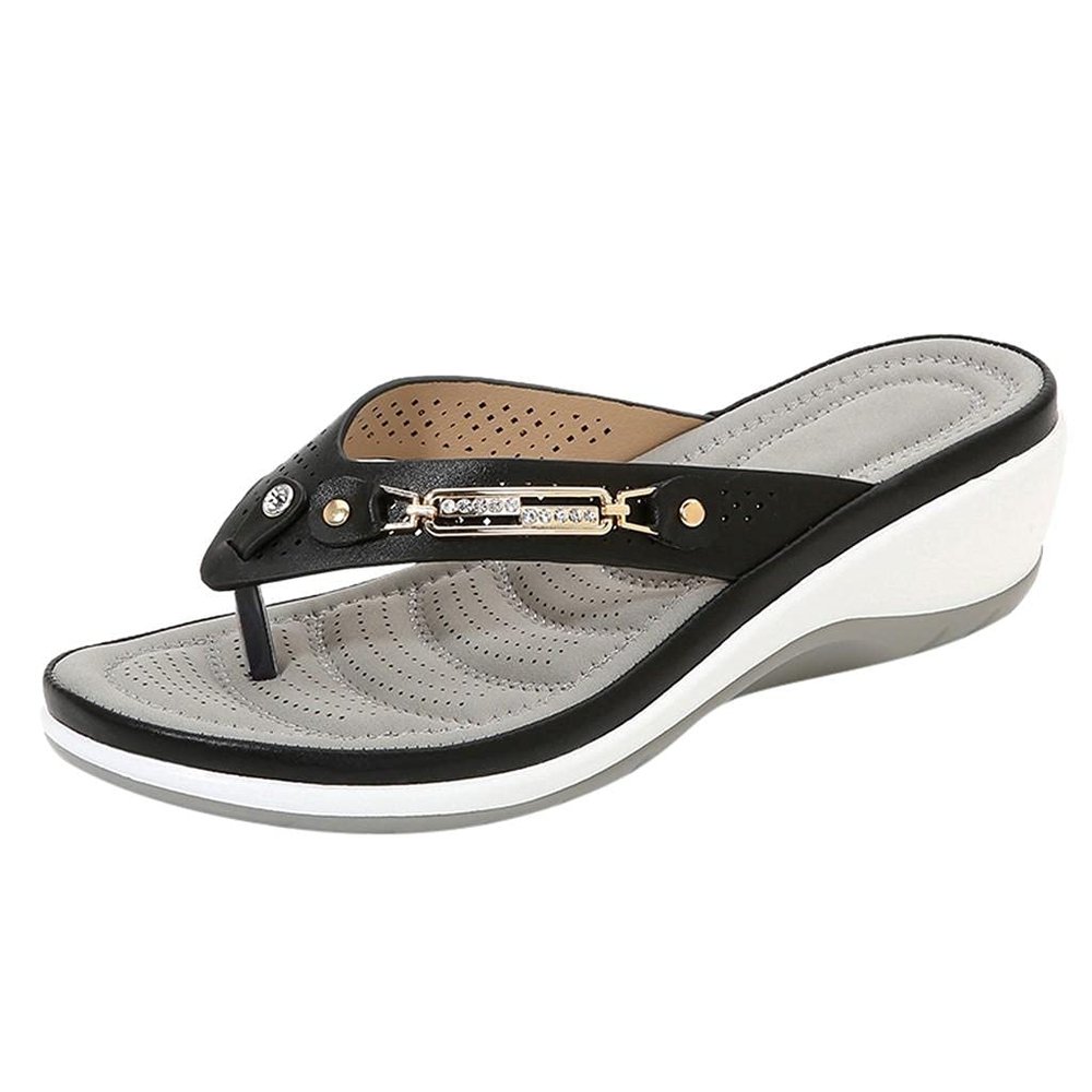 Women's Metal Crystal Wedges Flip Flops Non-slip Platform Slipper Casual Sandals Ladies Comfortable Breathable Shoes