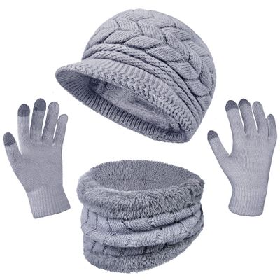 3-Pieces Winter Hat Gloves Scarf Set, Knit Warm Beanie Hat Neck Warmer Touch Screen Mittens for Women, Grey