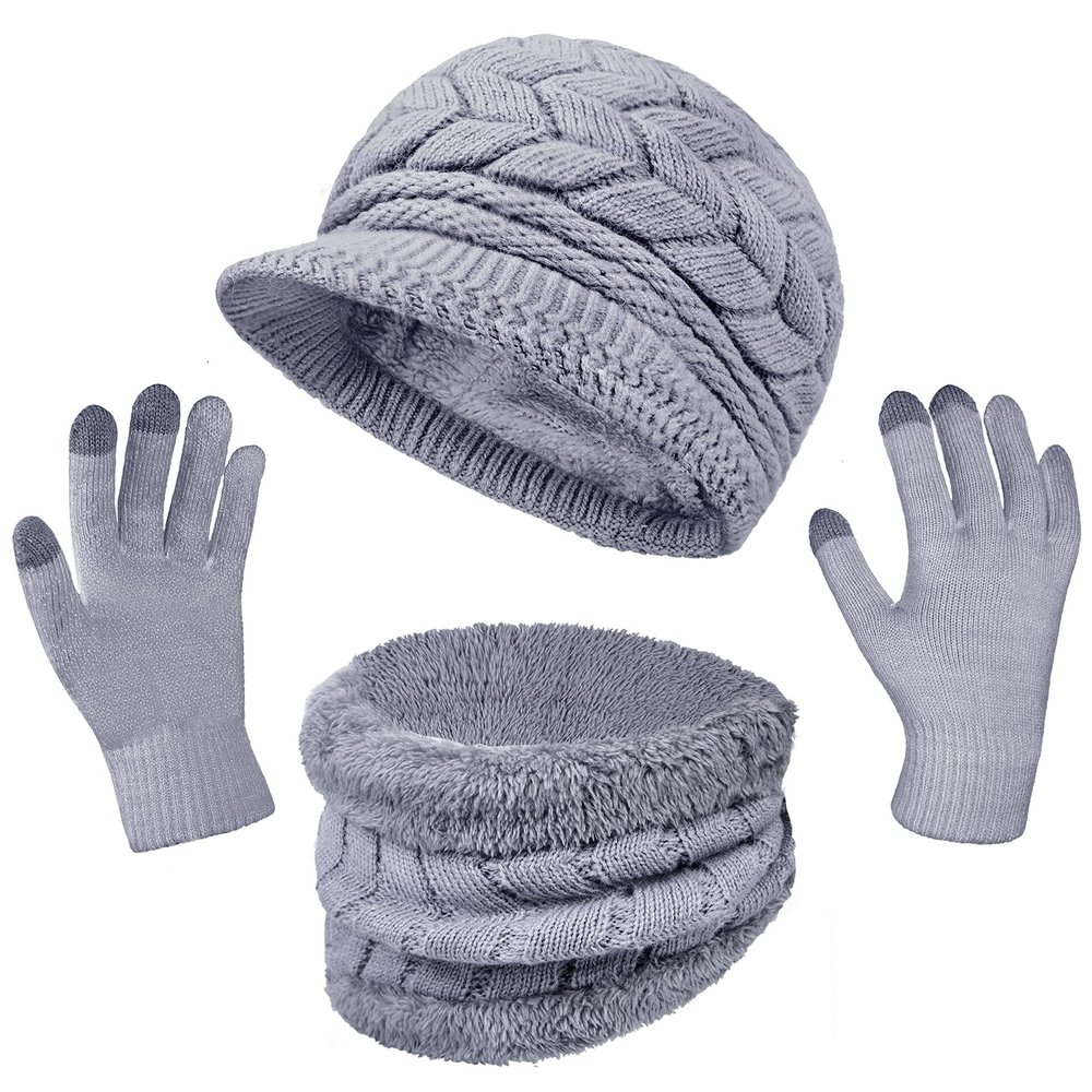 3-Pieces Winter Hat Gloves Scarf Set, Knit Warm Beanie Hat Neck Warmer Touch Screen Mittens for Women, Grey