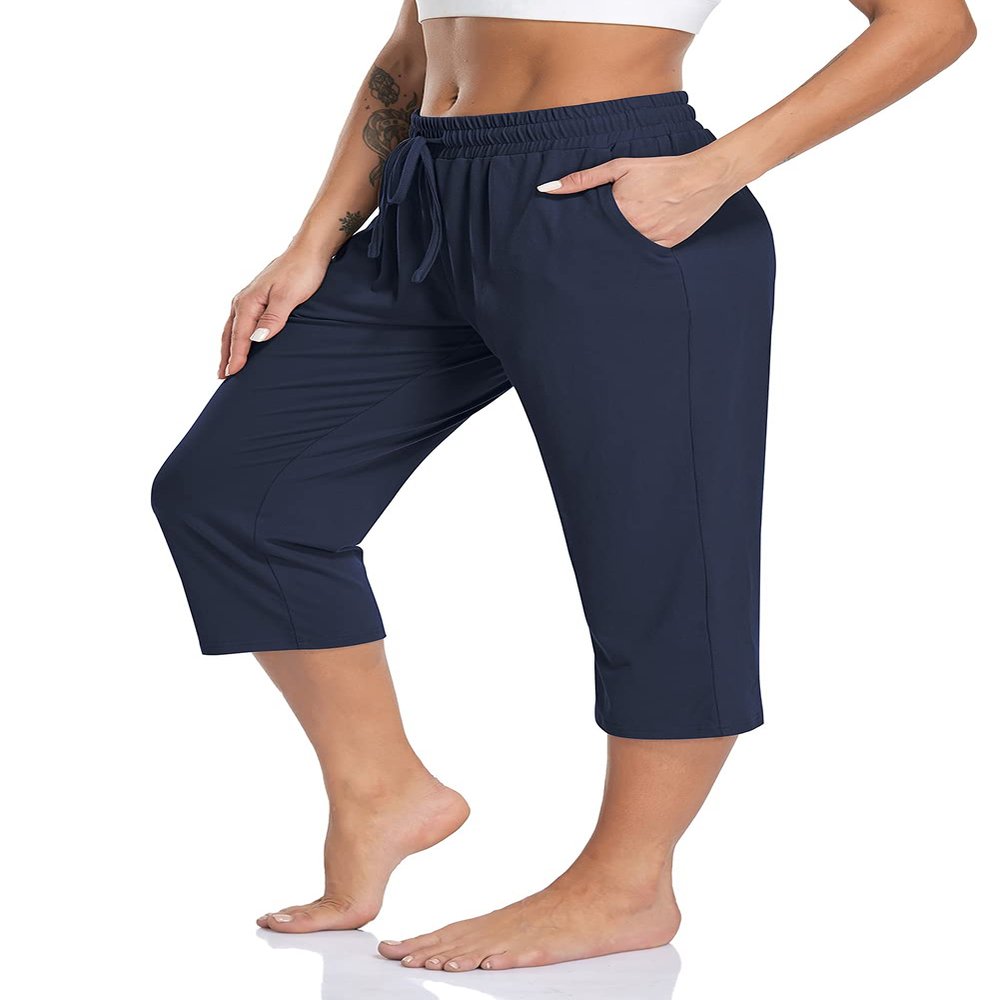TARSE Womens Yoga Pants Plus Size Capris Stretch Workout Exercise Sweatpants Loose Sweat Crop Pants Pockets (NavyBlue,4XL)