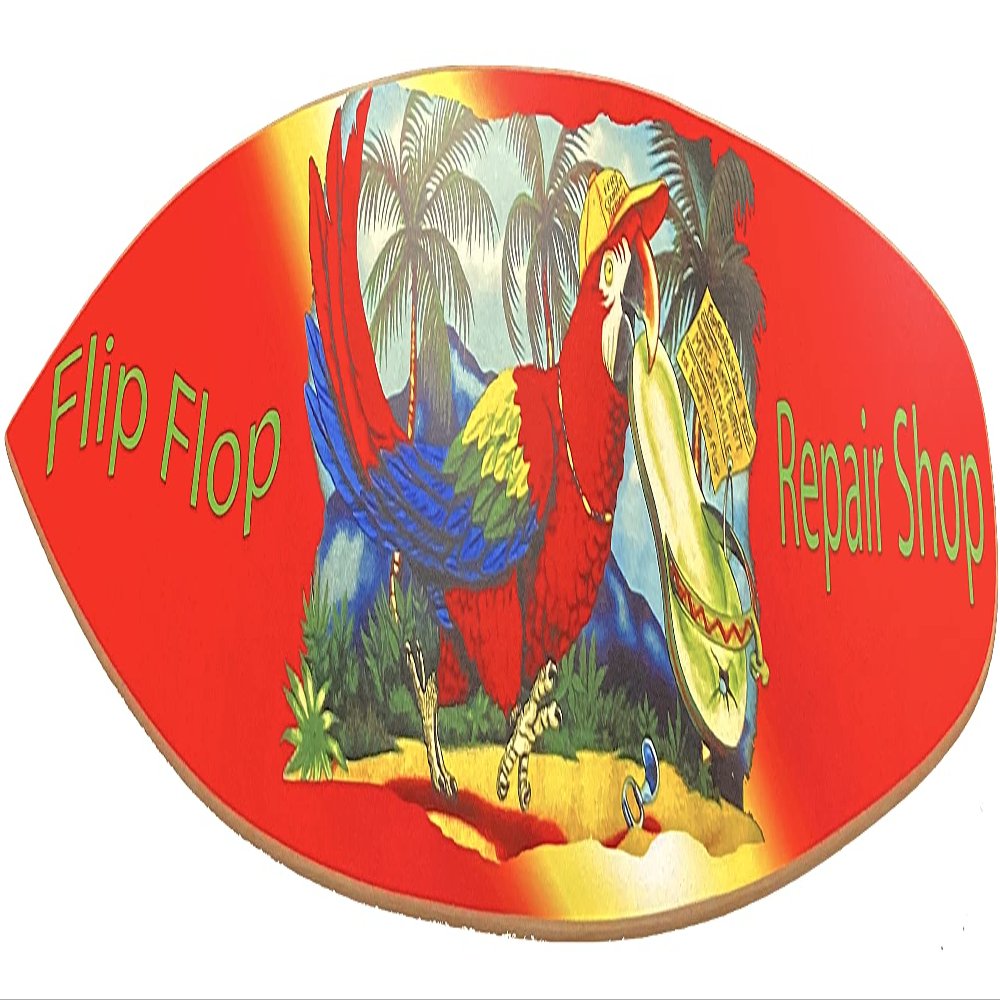 Classic Signs Flip Flop Repair Shop Parrot 4' (foot) Surfboard -Indoor use only, Red,Blue,Yellow
