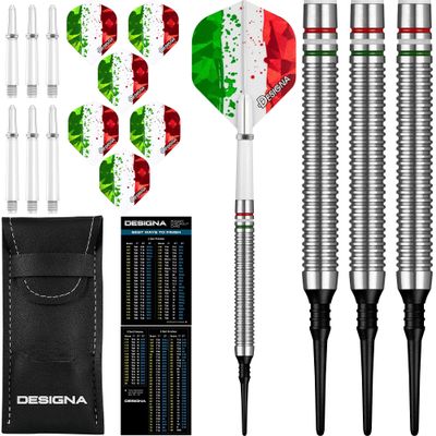 Dartfellas Designa 20g 90% Tungsten, Italy Italian Flag Red White & Green Patriot X Soft Tip Dart Set, Flights & Shafts Included (2 Sets Each), w/Travel Case, 20 Grams