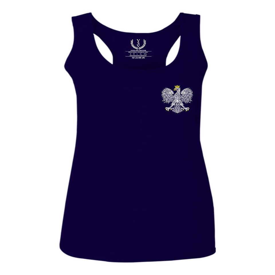 0083. Poland Pride Vintage Style Retro Polish Eagle Flag Polska Soccer Women's Tank Top Racerback (Navy Blue, X Small)
