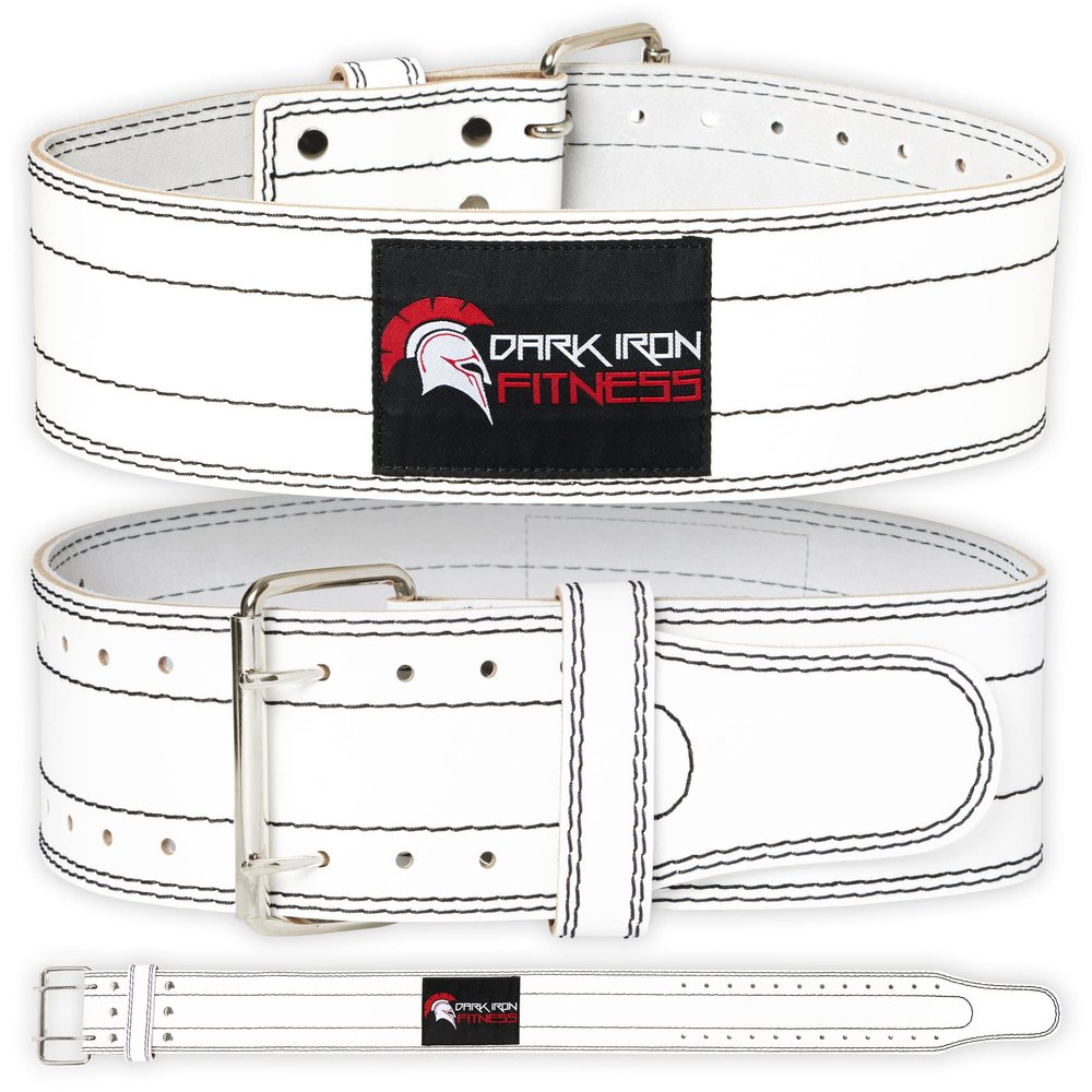 Dark Iron LG Fitness Weight Lifting Belt for Powerlifting Deadlift Training, Premium White Leather for Core Support Gym Strength Workout