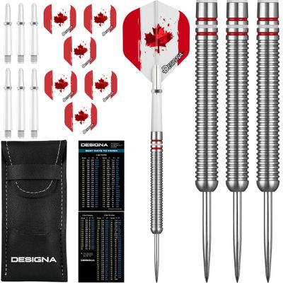 Dartfellas 22g 90% Tungsten Canada Canadian Flag Patriot X Steel Tip Dart Set, Flights & Shafts Included (2 Sets Each), w/Travel Case, 22 Grams