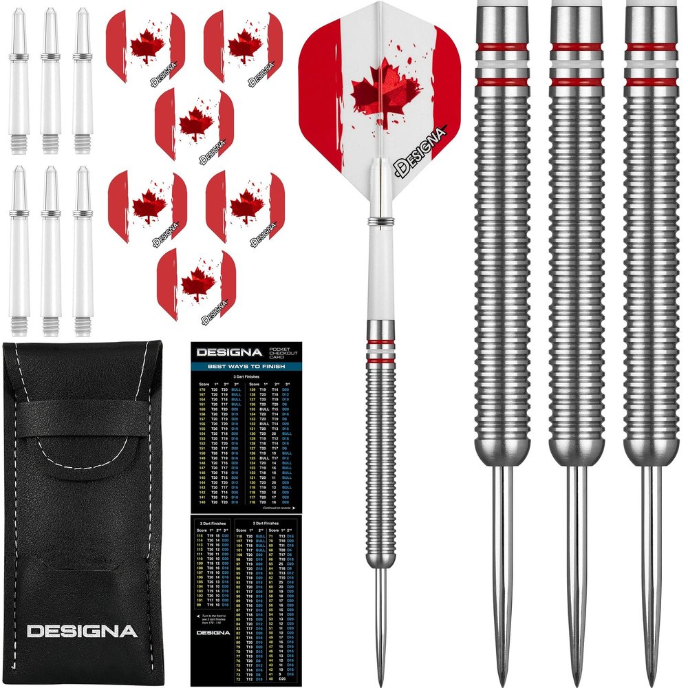 Dartfellas 22g 90% Tungsten Canada Canadian Flag Patriot X Steel Tip Dart Set, Flights & Shafts Included (2 Sets Each), w/Travel Case, 22 Grams