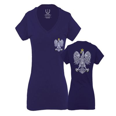0083. Poland Pride Vintage Style Retro Polish Eagle Flag Polska Soccer for Women V Neck Fitted T Shirt (Navy Blue, X Small)