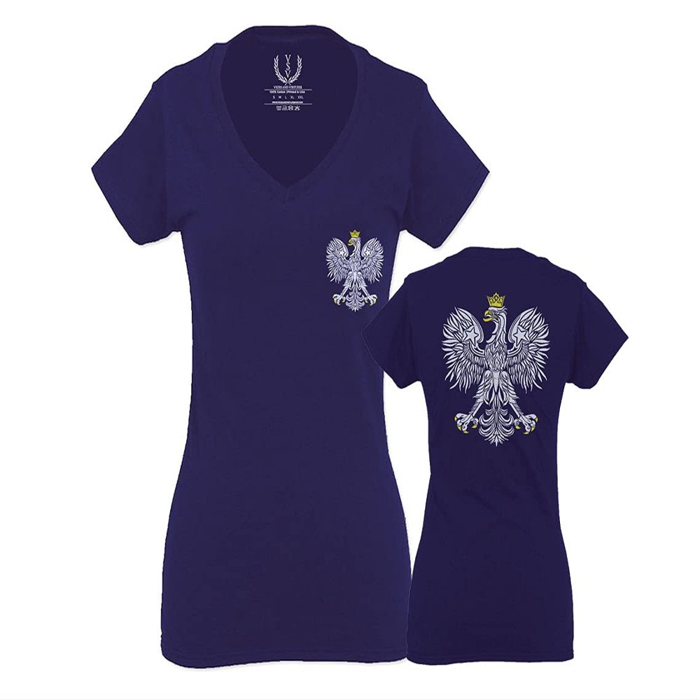 0083. Poland Pride Vintage Style Retro Polish Eagle Flag Polska Soccer for Women V Neck Fitted T Shirt (Navy Blue, X Small)