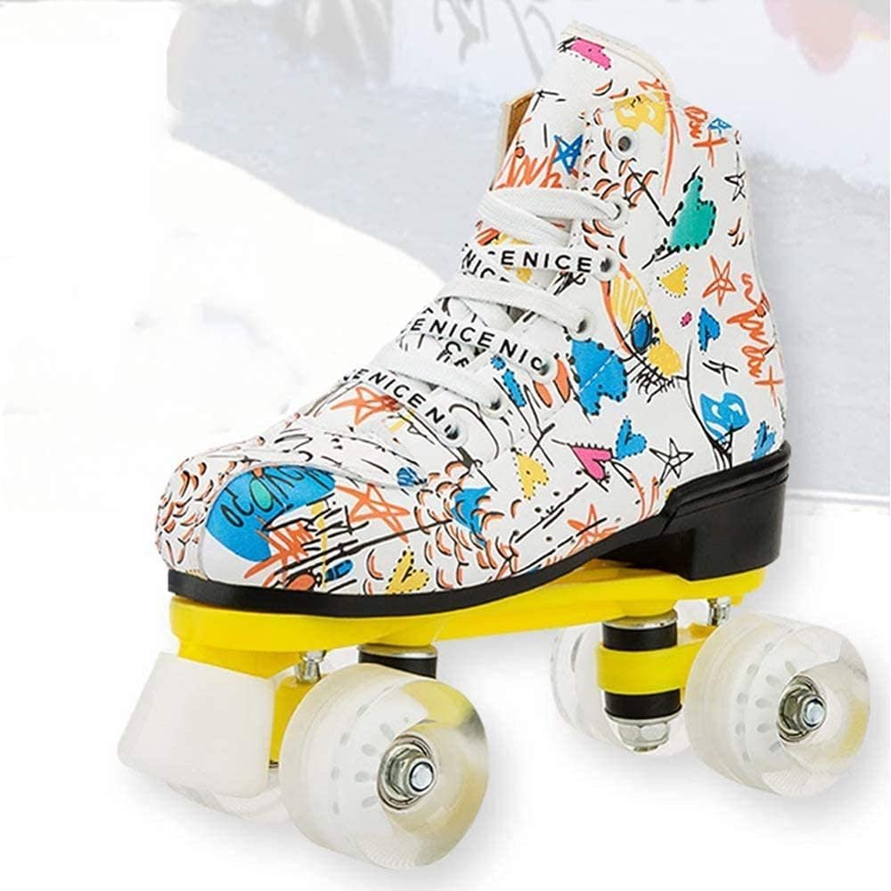 Classic Graffiti Roller Skates, Led Blinking Wheel Double-Row Skates, Comfortable and Breathable Sneakers for Boys and Girls,36-Whitedoesnotflash