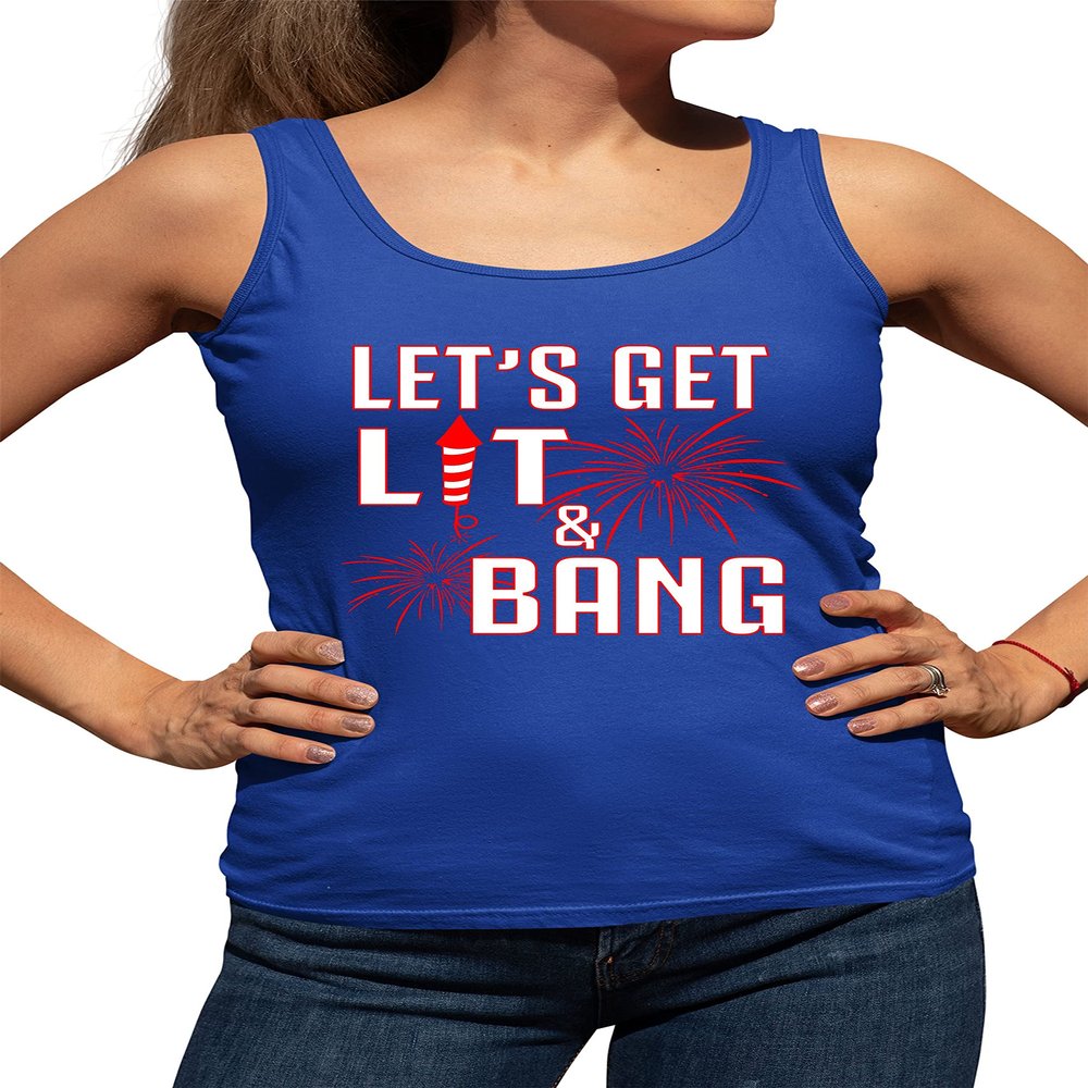 Go All Out Small Royal Womens Let's Get Lit & Bang Funny 4th of July Fireworks Racerback Tank Top T-Shirt